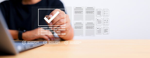 Businessman Take an assessment, Check list, questionnaire, evaluation, filling out an online survey form. Answer the test questions. online survey exam Choosing the right answer in the exam,
