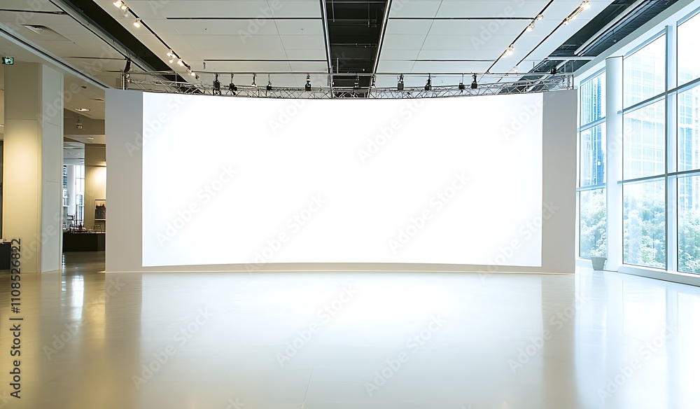 Aufkleber A spacious, well-lit gallery with a large white screen and floor-to-ceiling windows, creating a minimalist and modern atmosphere.