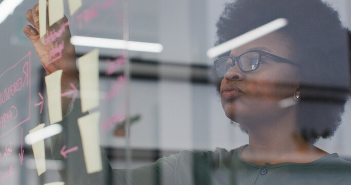 Smiling african american businesswoman brainstorming using memo notes on glass wall in office