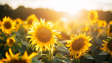 Obraz premium Sunflower Field: A field of sunflowers reaching towards the sun on a bright summer day, with the flowers creating a vibrant and uplifting scene.