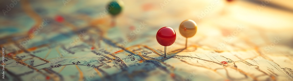 Poster A close-up view of a map with colorful pins indicating locations, highlighting navigation and travel planning.