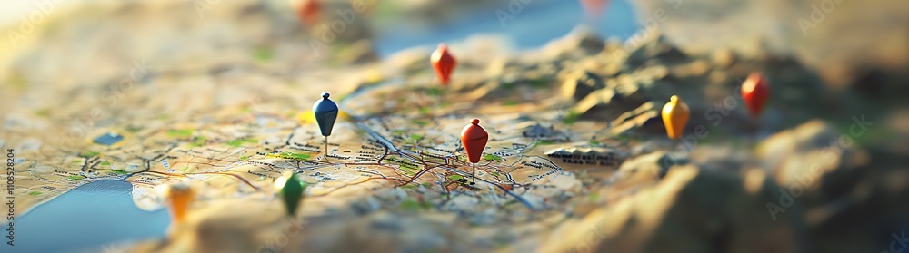 Poster a detailed map featuring colorful pins indicating various locations, showcasing geography and naviga