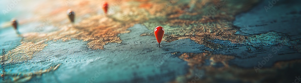 Poster A close-up view of a world map with colorful location pins marking specific places, highlighting geographic locations and navigation.