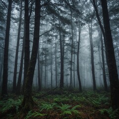 Fototapeta premium Photograph a forest shrouded in fog.