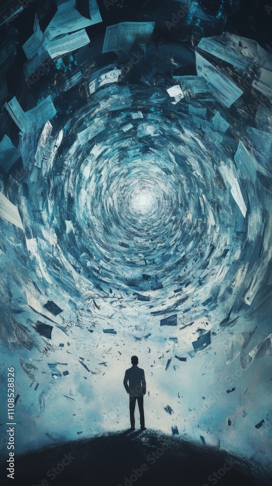 Wall mural a man is standing in a tunnel with a lot of papers. the tunnel is blue and the papers are scattered 