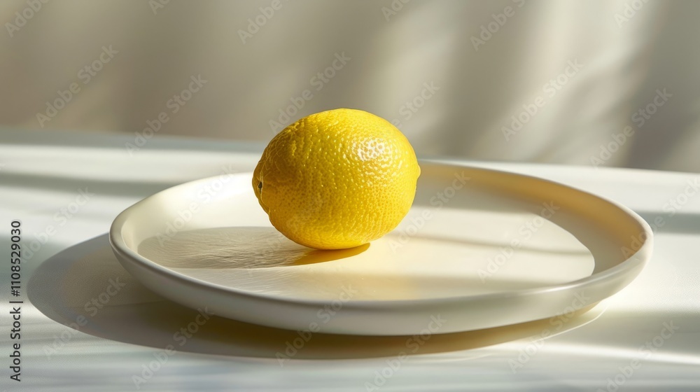 Poster simple elegance with a single lemon resting on a pristine platter, its citrus scent wafting through 