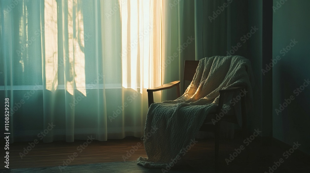 Poster a chair with a blanket draped over it sits in front of a window. the sunlight is shining through the
