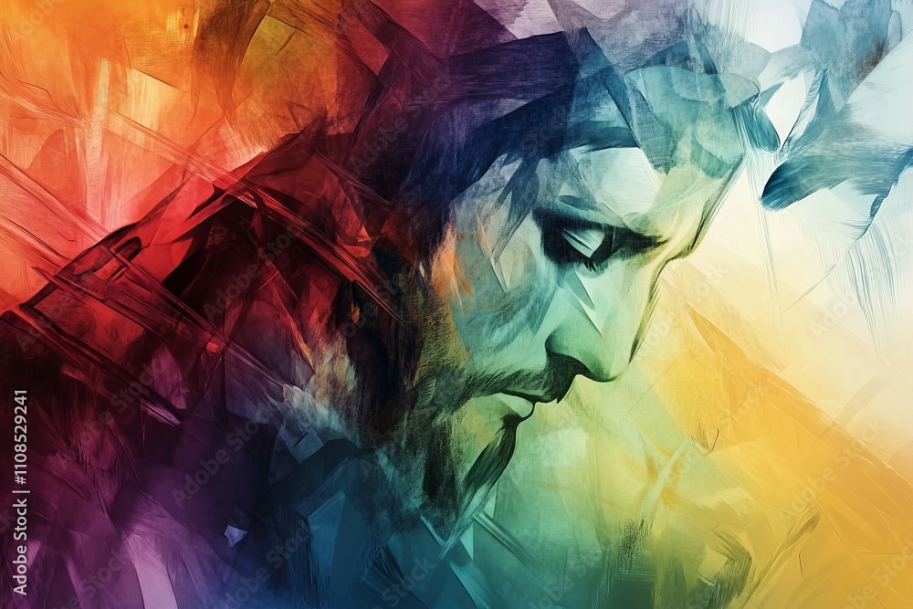 Poster a colorful abstract portrait of a man, showcasing a blend of geometric shapes and dynamic brushstrok