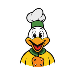 Obraz premium A cheerful duck mascot wearing a chef's hat and apron, holding a spatula and smiling warmly. The logo exudes friendliness, great food, and family-friendly vibes.