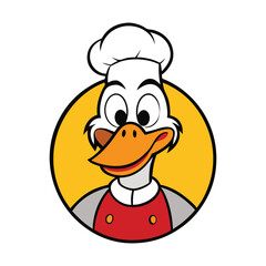 A cheerful duck mascot wearing a chef's hat and apron, holding a spatula and smiling warmly. The logo exudes friendliness, great food, and family-friendly vibes.