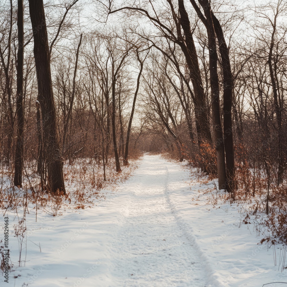 Poster a peaceful winter scene featuring a snow-covered path through a forest of bare trees, creating a ser