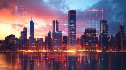 Obraz premium A city skyline with glowing lights and digital grids at dusk, representing the influence of internet infrastructure on urban design