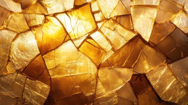 A close-up of golden light filtering through jagged cracks in glass, creating a striking interplay of light and texture