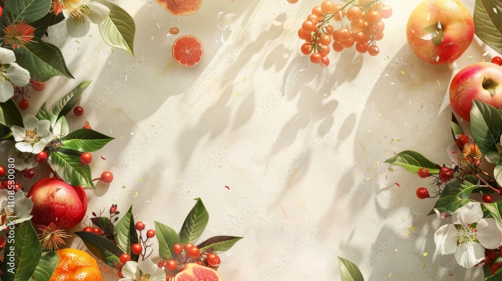 Poster spring fruit layout designed with generous space for text overlays or graphic elements