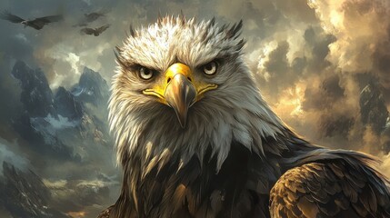 Fototapeta premium A close-up portrait of a bald eagle with a sharp, intense gaze, set against a dramatic natural backdrop, representing strength and resilience