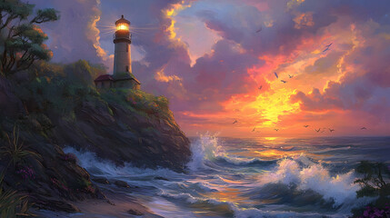 Fototapeta premium Dramatic sunset over ocean with lighthouse on cliff, waves crashing.
