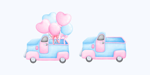 Adorable Valentine Car Watercolor Clipart. Perfect for Romantic Holiday Projects and Cards