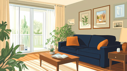 Living room with plush navy blue sofa and floor-to-ceiling gossamer curtains with warm wood accents. Gossamer. Illustration