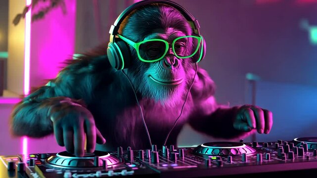 A Fun and Unique Scene Featuring a Stylish Monkey DJing with Headphones and Glasses in Neon Colors