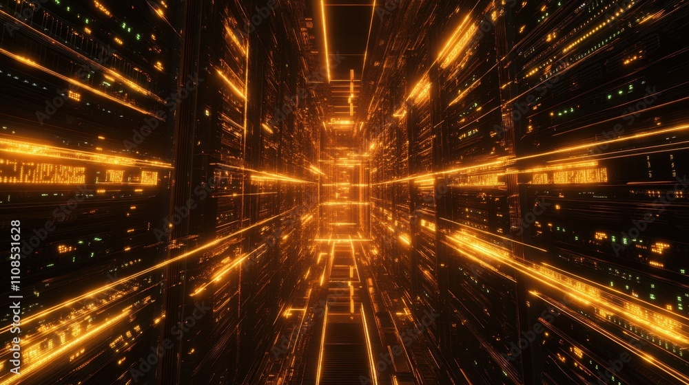 Aufkleber a futuristic data center filled with server racks connected by glowing wires, symbolizing innovation