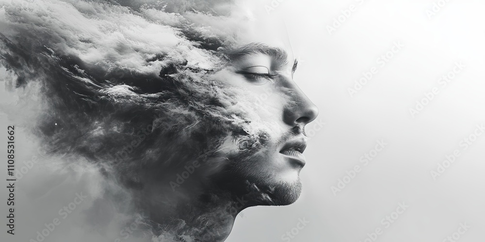 Aufkleber a creative and surreal image of a man's face merging with clouds, symbolizing dreams and imagination