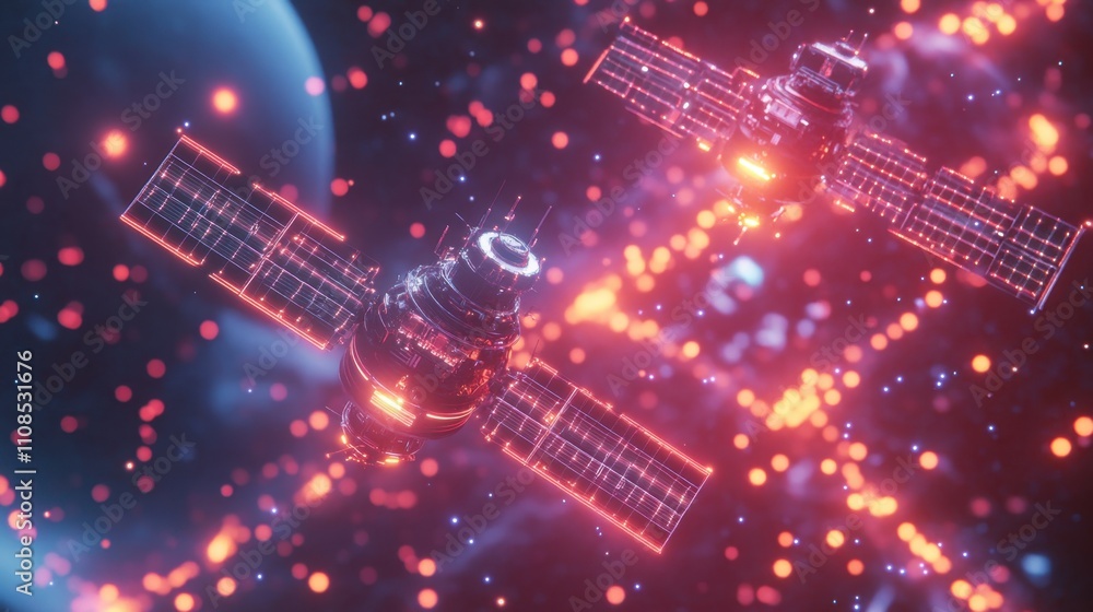 Poster a futuristic depiction of satellites linked to a glowing network grid, emphasizing their impact on g
