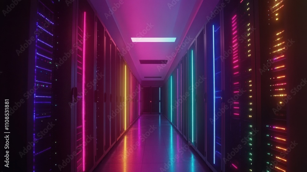 Poster a glowing corridor of server racks with colorful led indicators, representing technological advances
