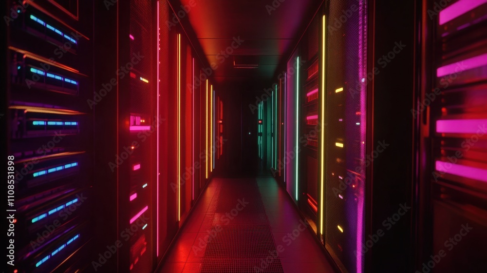 Poster a glowing corridor of server racks with colorful led indicators, representing technological advances