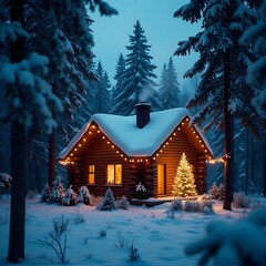 Magical Winter Cabin in Snowy Forest