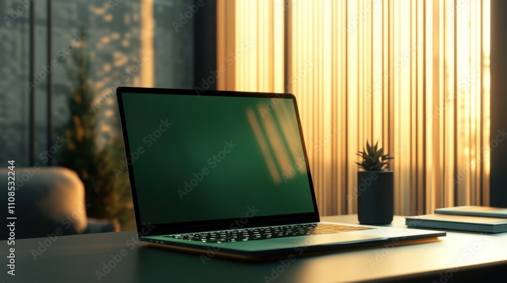 Poster a green-screened laptop displayed in a sophisticated workspace with warm lighting and clean lines, i