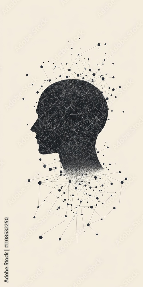 Poster a black and white drawing of a person's head with a lot of dots. the dots are scattered all over the