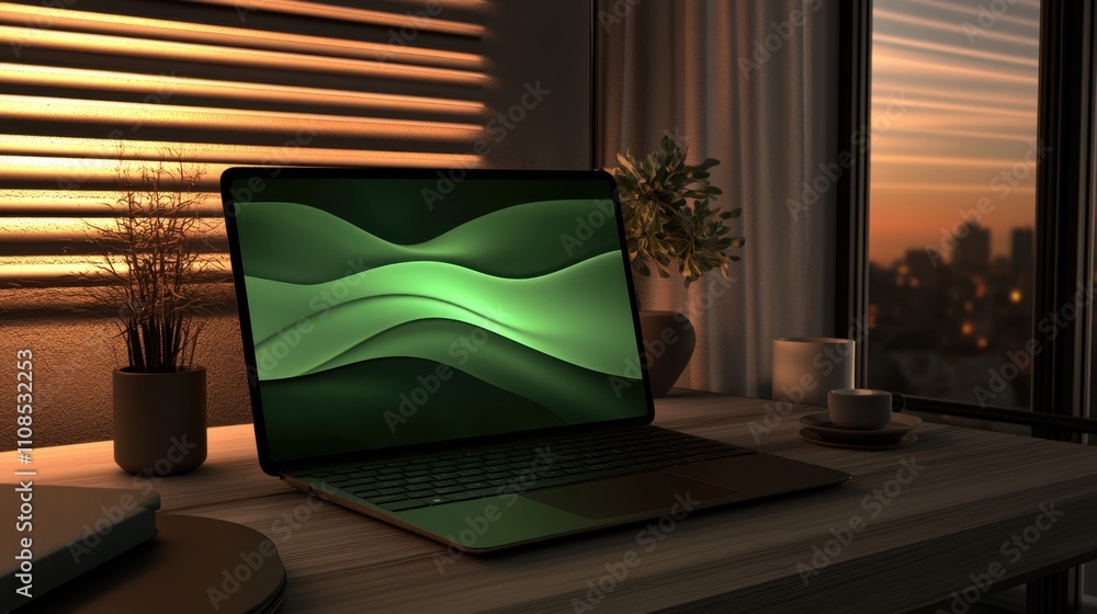 Poster a green-screened laptop displayed in a sophisticated workspace with warm lighting and clean lines, i
