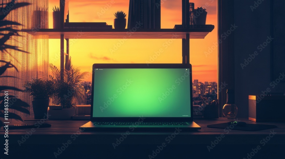 Poster a green-screened laptop displayed in a sophisticated workspace with warm lighting and clean lines, i