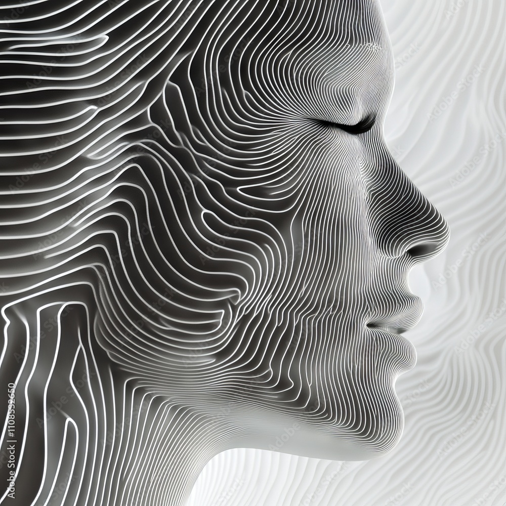 Poster a striking 3d render of a woman's face with detailed line patterns, creating a modern and abstract m