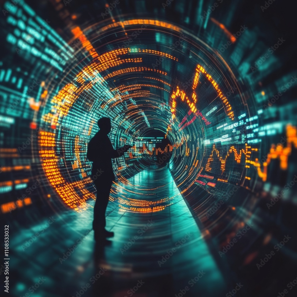 Aufkleber a man is standing in a tunnel with a screen in front of him. the screen is displaying a series of nu