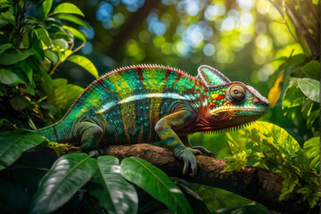 Fototapeta premium Vibrant Photorealistic Chameleon with Colorful Scales