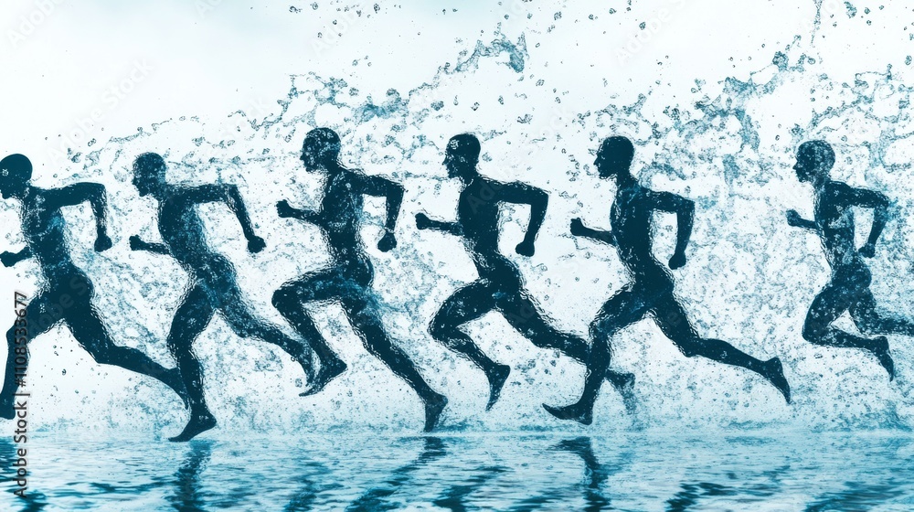 Poster alternating figures of runners and swimmers, showing balance in different forms of determination.