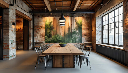 The image showcases an interior space with an industrial design aesthetic.There is a large wooden conference table surrounded by numerous metal chairs.The walls are made of red brick,with some areas r