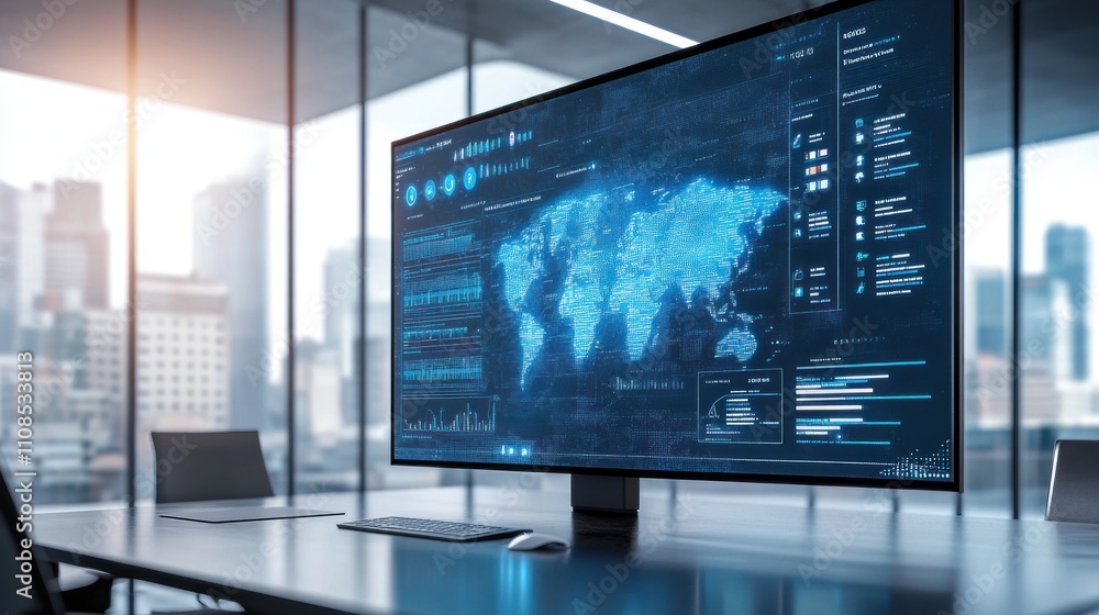 Aufkleber Global Data Network Monitoring System Displayed On Modern Computer