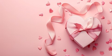 Obraz premium Heart-shaped gift box and ribbon on a pastel background for Valentine's Day gifting.