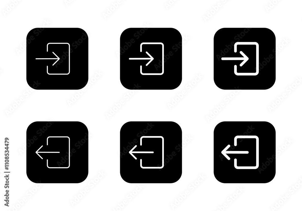 Poster login and logout icon set on black square. enter and exit door sign symbol