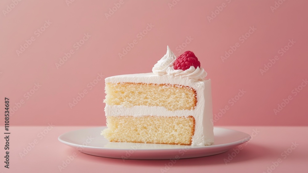 Poster a slice of vanilla cake topped with whipped cream and a raspberry, set on a white plate with a pink 