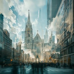 Naklejka premium A city street with a large cathedral in the background. The cathedral is surrounded by buildings and people are walking on the street