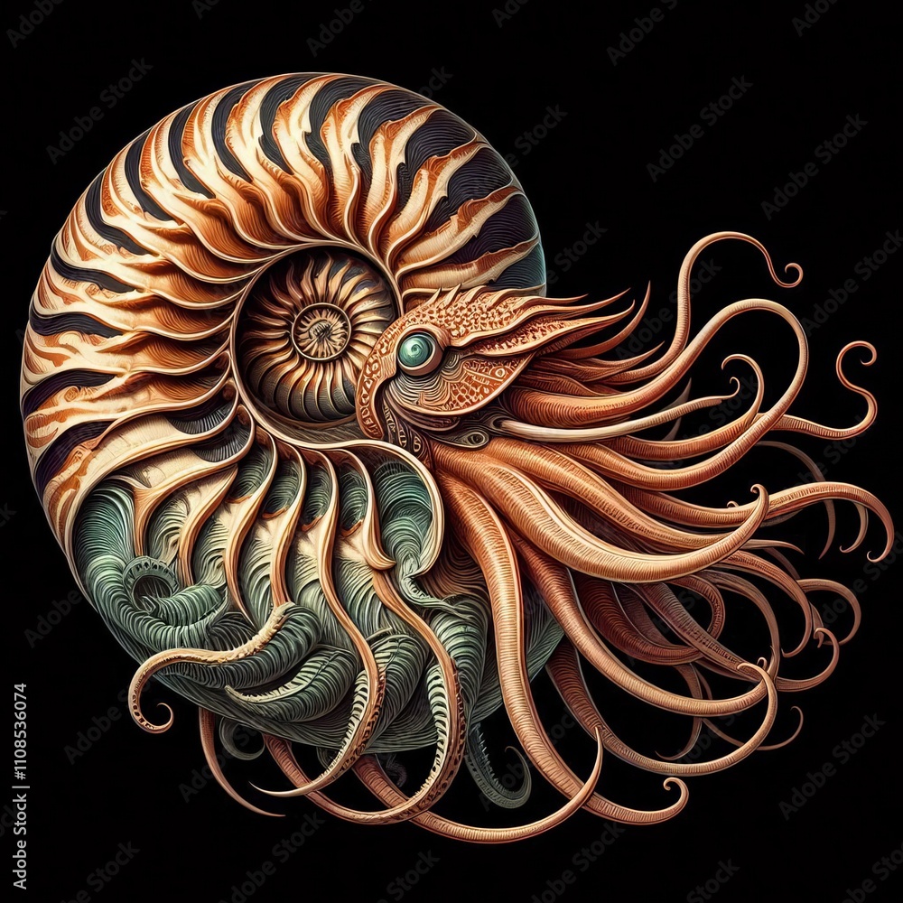 Poster nautilus its chambered shell with a logarithmic spiral and tent