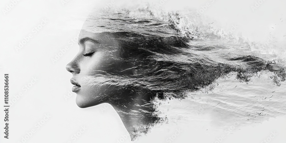 Poster artistic double exposure of a woman's profile seamlessly blended with ocean waves, creating a surrea