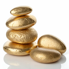 set of golden stones and golden.Luxurious Set of Golden Stones with Shimmering Metallic Textures Isolated on White Background