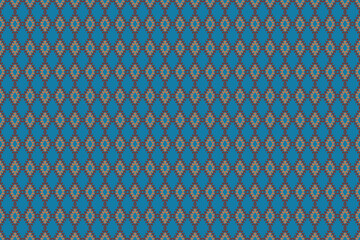 A detailed fabric design featuring geometric diamond motifs in earthy brown and gold tones on a vibrant blue background, exuding cultural elegance and modern sophistication