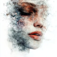 Surreal portrait of a woman's face merging with artistic textures and smoke, creating a dreamlike and ethereal visual effect.