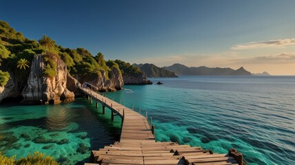 Obraz premium Wooden pier leads to tranquil turquoise sea, lush green island backdrop at sunrise.