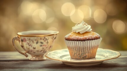 Delightful Muffin with Teacup and Vintage Aesthetic